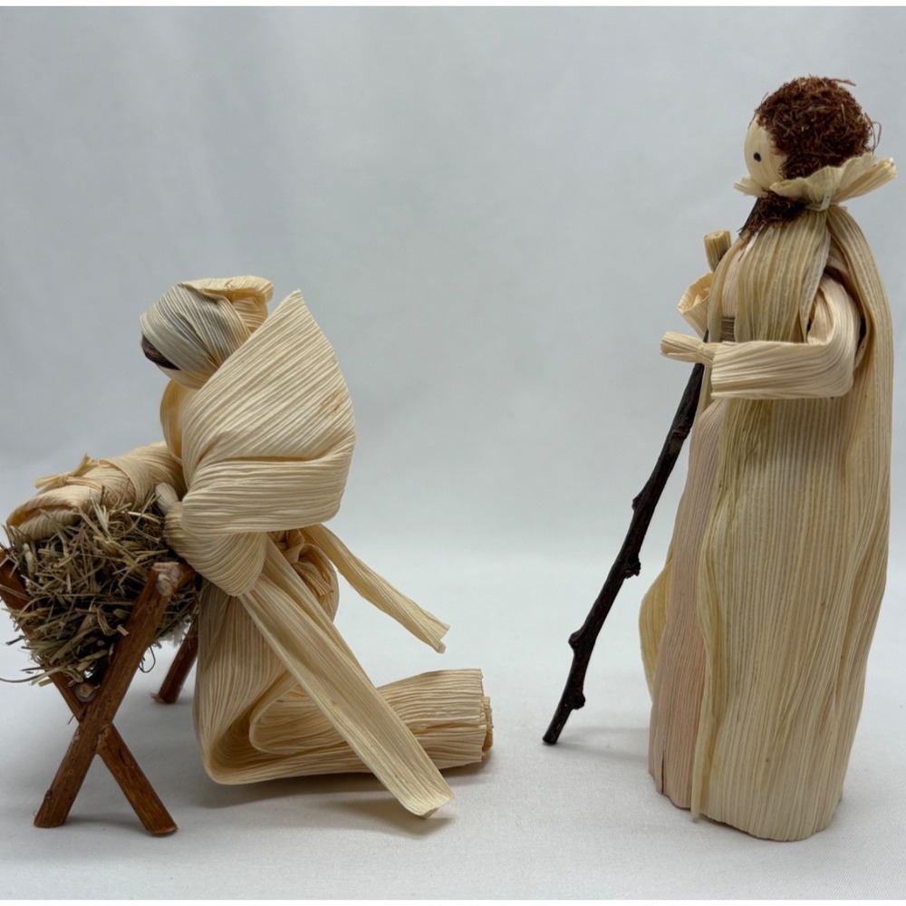 Vintage Folk Art Corn Husk Nativity Set Jesus, Mary & Joseph‎ Christmas Decor - Picture 2 of 7